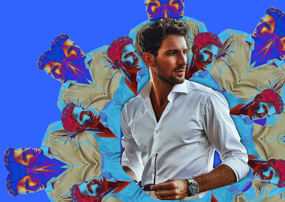 Man with blue background and a kaleidoscope design made with his image
