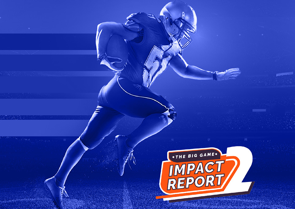 Football Player running with blue background and an orange graphic that says "Impact Report"