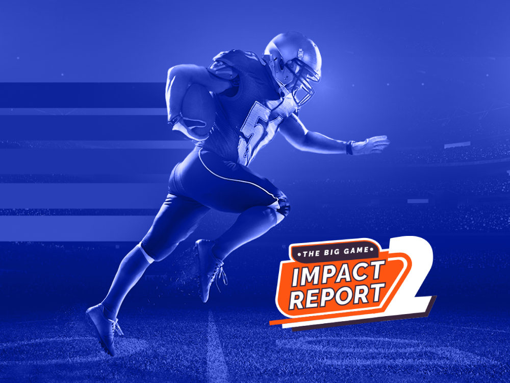 Football player with blue background and orange graphic that says Impact Report.
