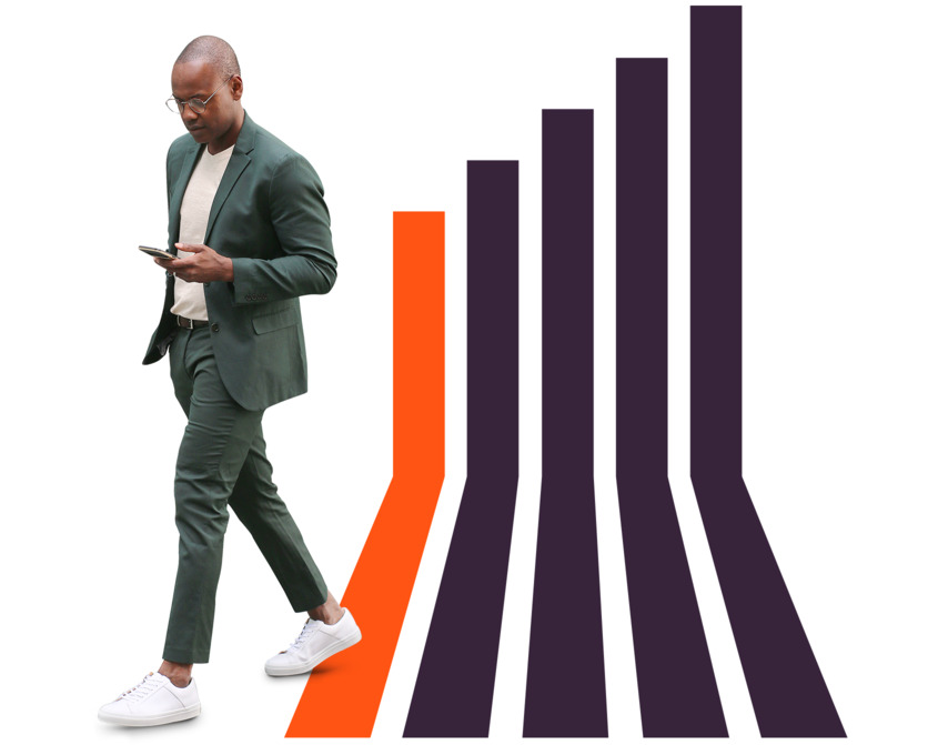 African American man walking with purple and orange bar graph in back