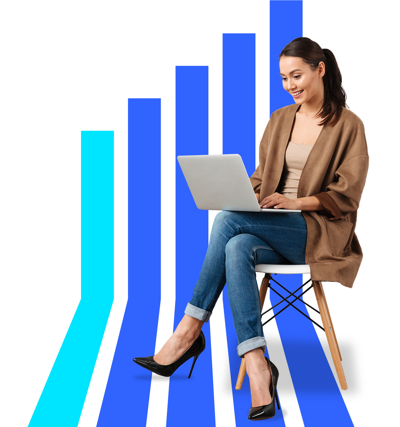 Woman sitting in a chair typing on a laptop with a blue bar graph design in the background