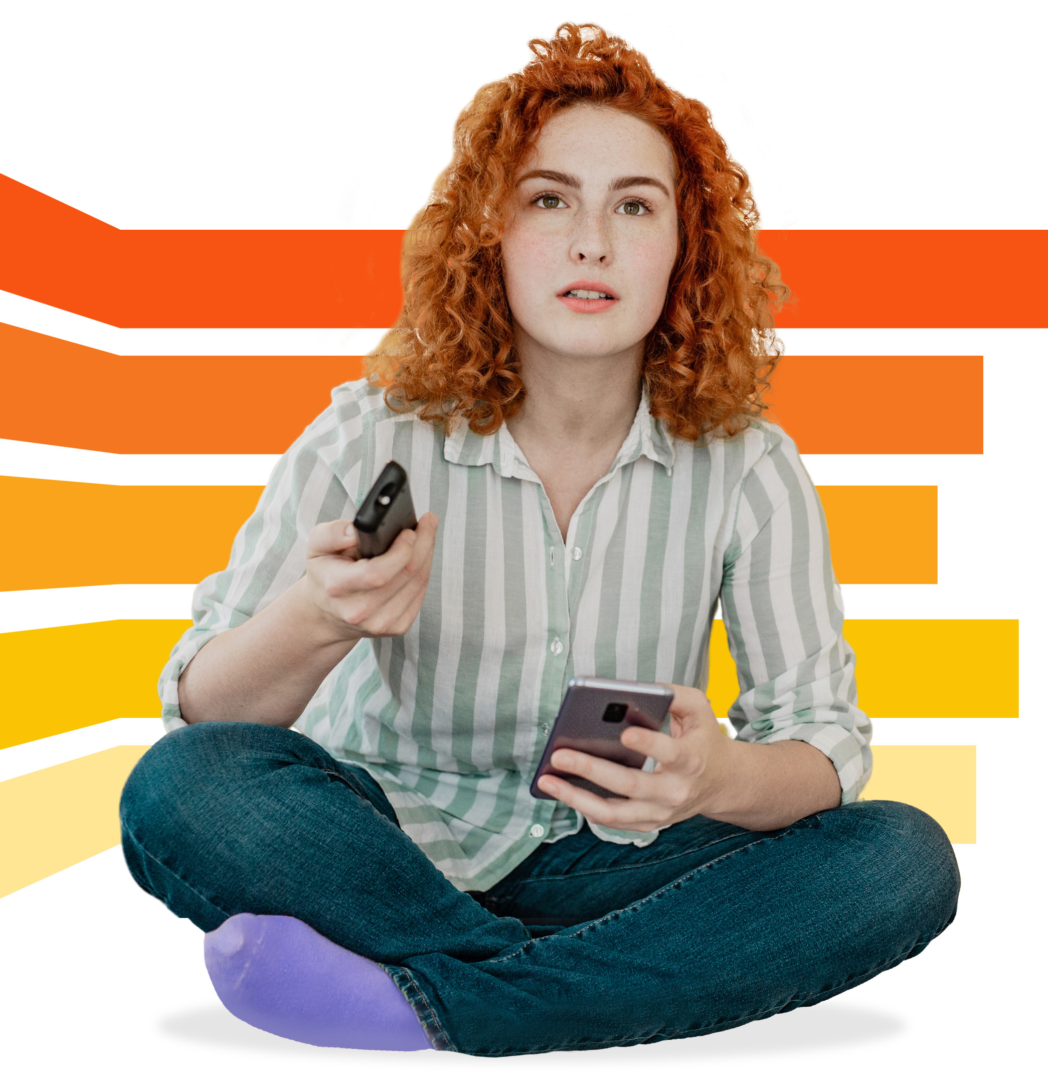 Red haird woman with a remote and cell phone looking like she's shopping