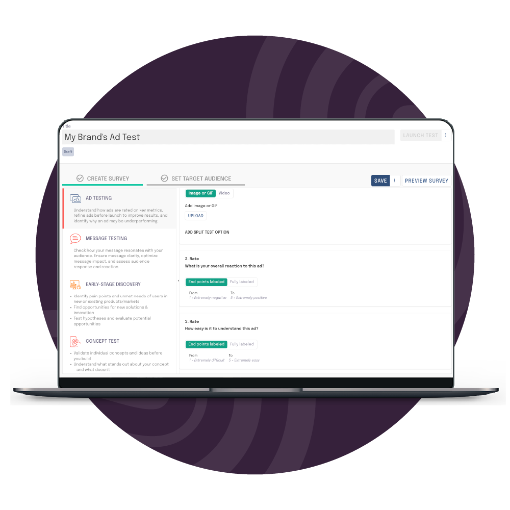 Image of Ad Testing software ad test creation.