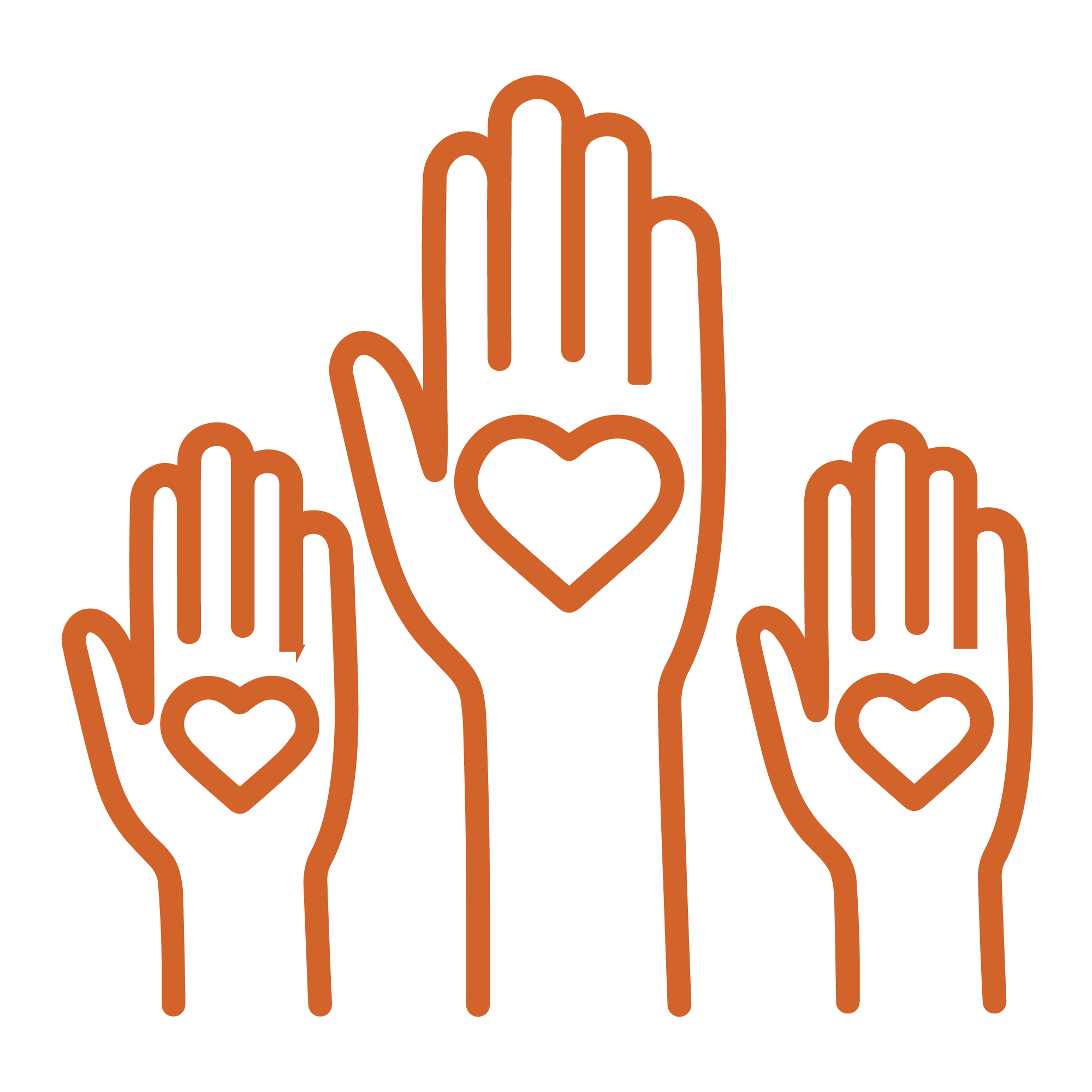 Icon image of hands with hearts on them representing diversity.
