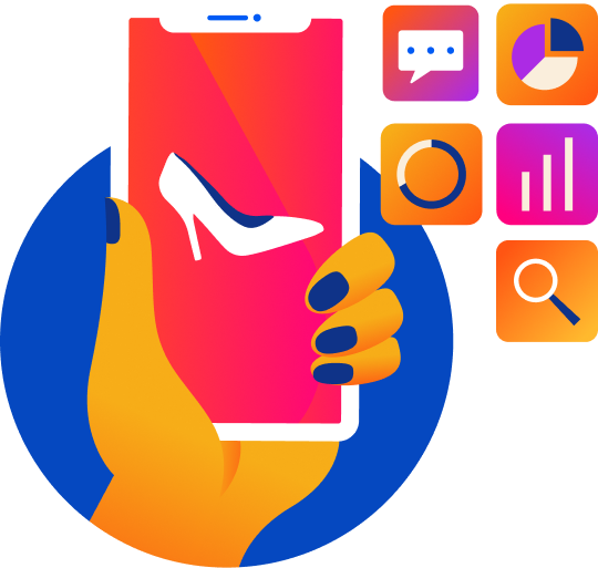 Product solutions illustration with sneaker and data illustration icons to represent feedback from every customer