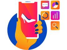 Product solutions illustration with sneaker and data illustration feedback and data icons to represent feedback from consumers