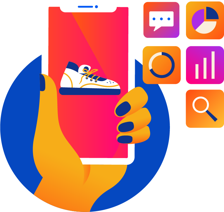 Product solutions illustration with sneaker and data illustration icons to represent feedback from consumers