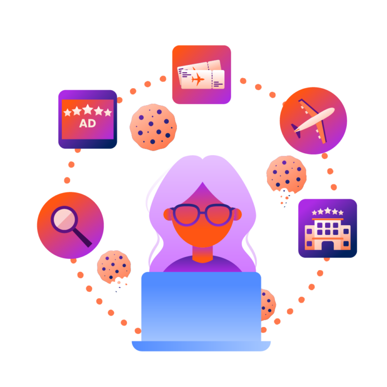 Graphical image of a woman working on a laptop with cookies and internet search images around her. The cookies represent a cookieless future.