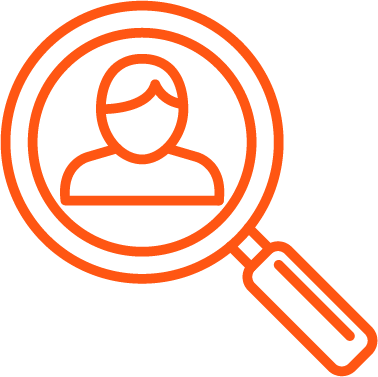 Icon image of a person behind a magnifying glass representing evaluation.