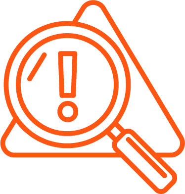Icon image of a warning triangle with a magnifying glass on top of it representing identification problems.