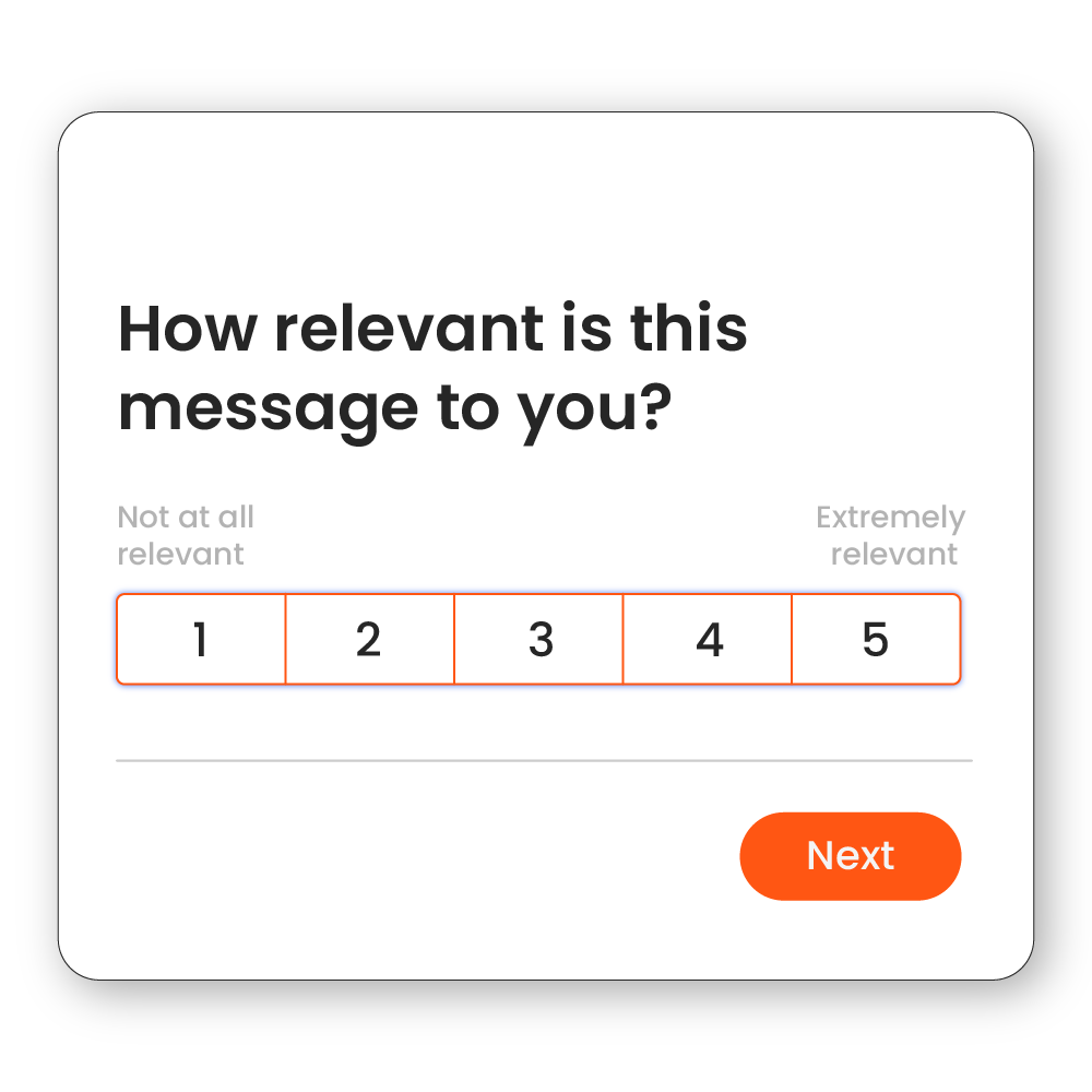Image of a question in the message testing product asking about message relevancy.